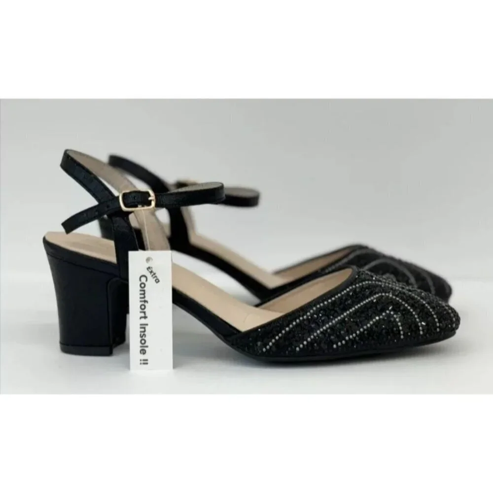 DE BLOSSOM / Gloria-10 / Womens Black Rhinestone Heeled Ankle Strap Sandals / Me